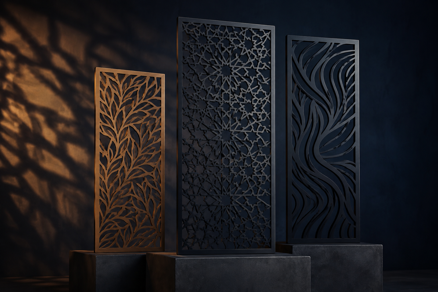 Illustration of geometric, botanical and flowing laser-cut metal panels